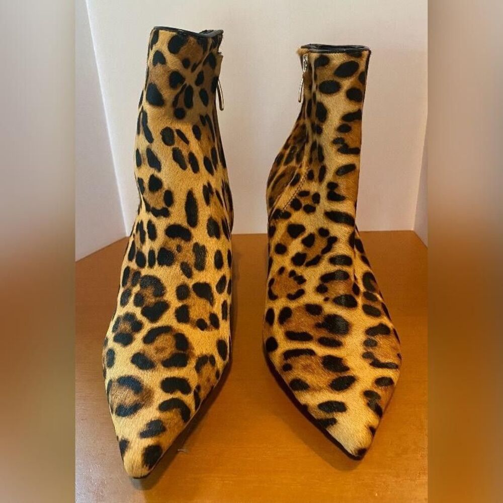 Nine West Boots Women’s Size 6 Brown Leopard Pony Ankle Booties Zip Kitten Heel